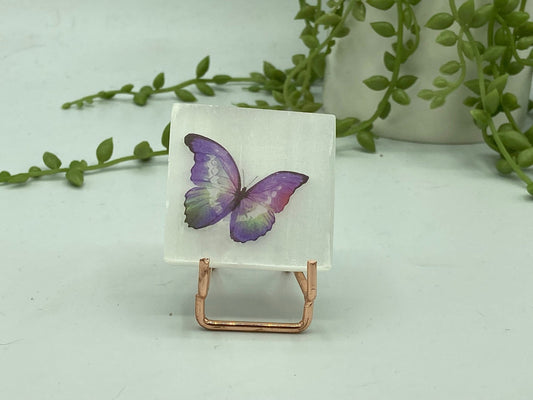 Pretty butterfly on Selenite/Gypsum/Satin Spar small sized charging plate, Approx 55mm, cleansing & recharging, butterflies pattern,