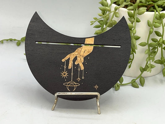 Tarot card of the day holder. Wooden moon with a hand and planets tarot/oracle card holder, card of the day, altar stand