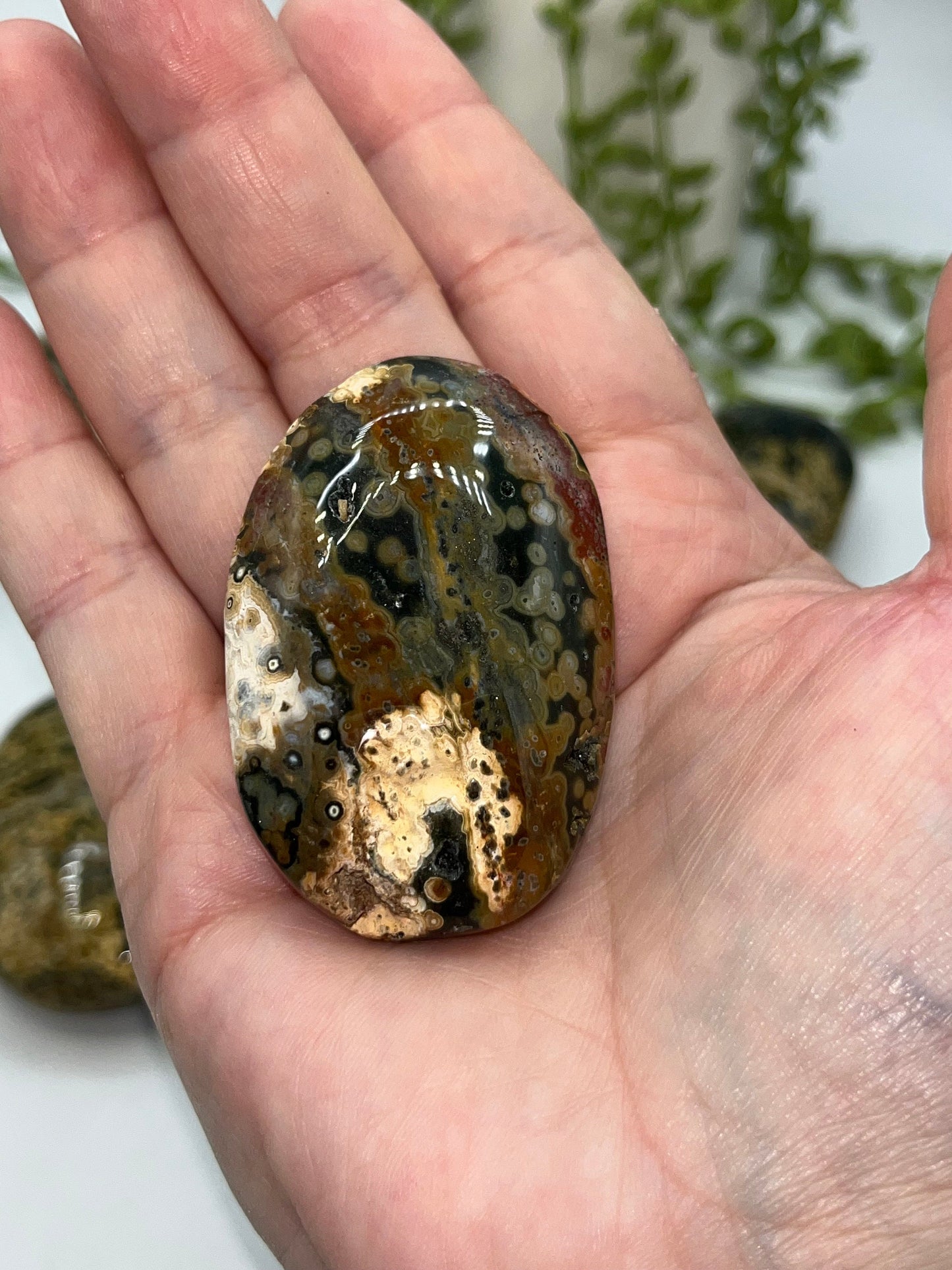 Stunning 8th Vein Jasper palm stones (selection B), Sea Jasper, Ocean Jasper, druzy crystals, quartz inclusions, orbicular jasper,