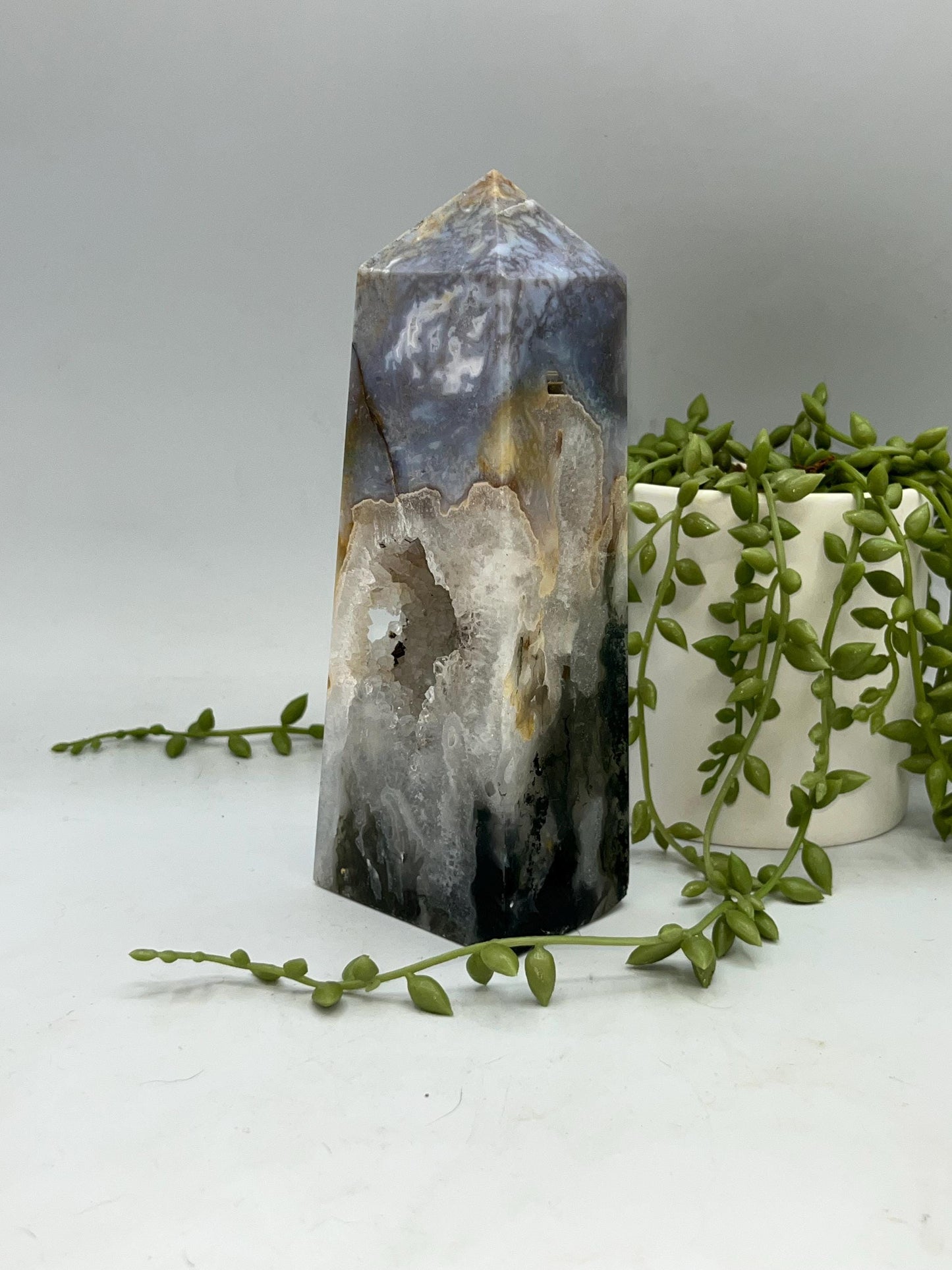 Gorgeous Druzy Moss Agate Tower, Quartz Included Moss Agate. Stone Of Mother Gaia. Mocha Stone. Chalcedony, Dendritic Manganese, Chrome/Iron