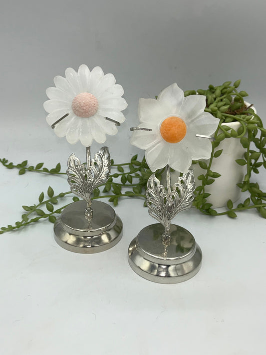 Selenite carved flowers on stand, Gerbera, Sunflower, satin spar, gypsum, carved crystal flower, stand included