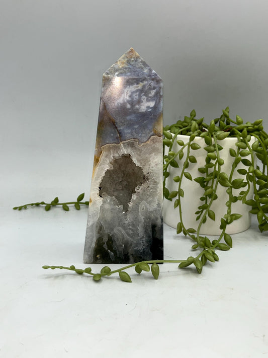 Gorgeous Druzy Moss Agate Tower, Quartz Included Moss Agate. Stone Of Mother Gaia. Mocha Stone. Chalcedony, Dendritic Manganese, Chrome/Iron