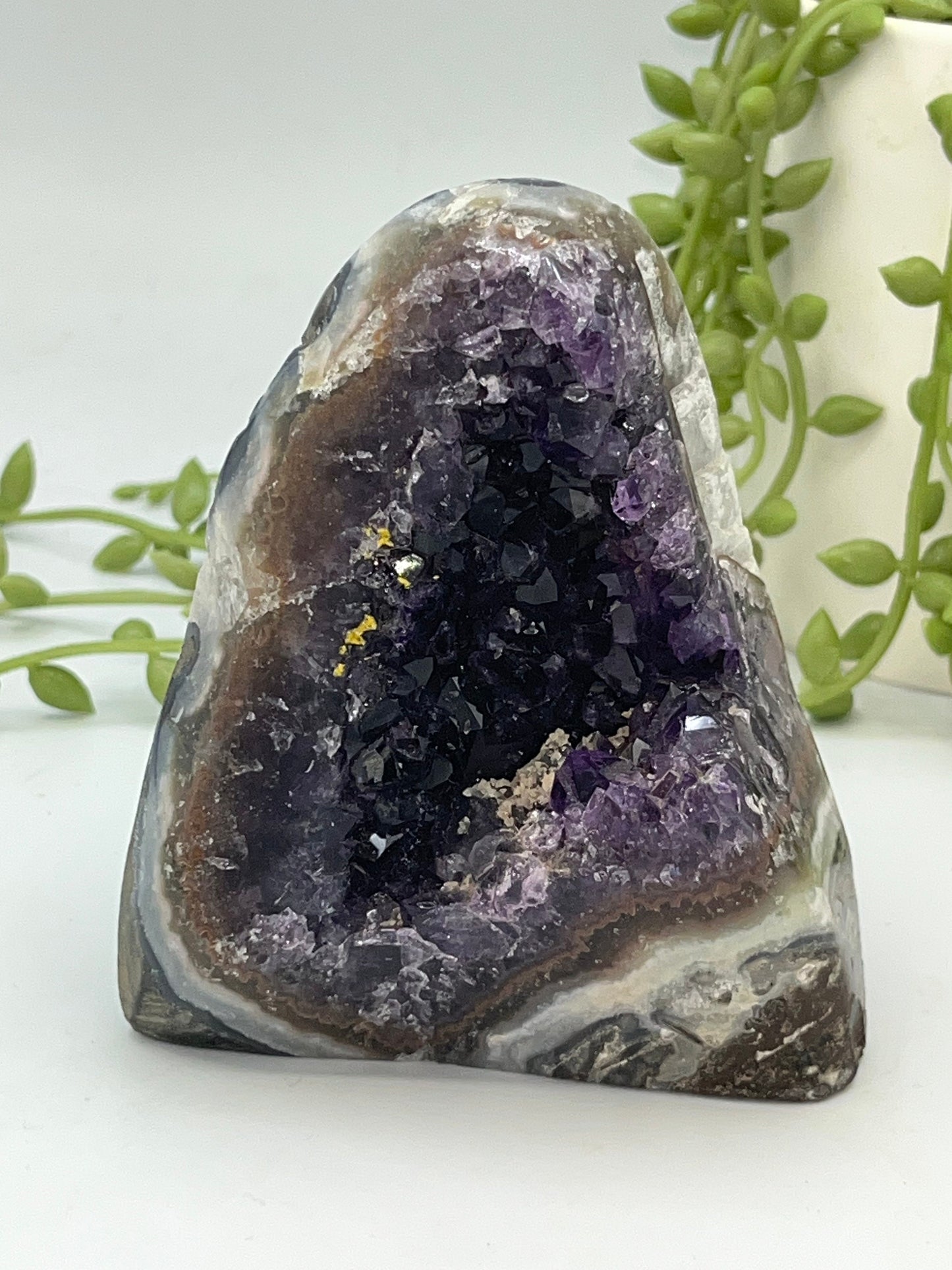 Very Special Purple Amethyst Free Form (I) sugar druzy cluster, Amethyst free form with Mexican Agate, Calcite & Goethite, Cathedral, Geode