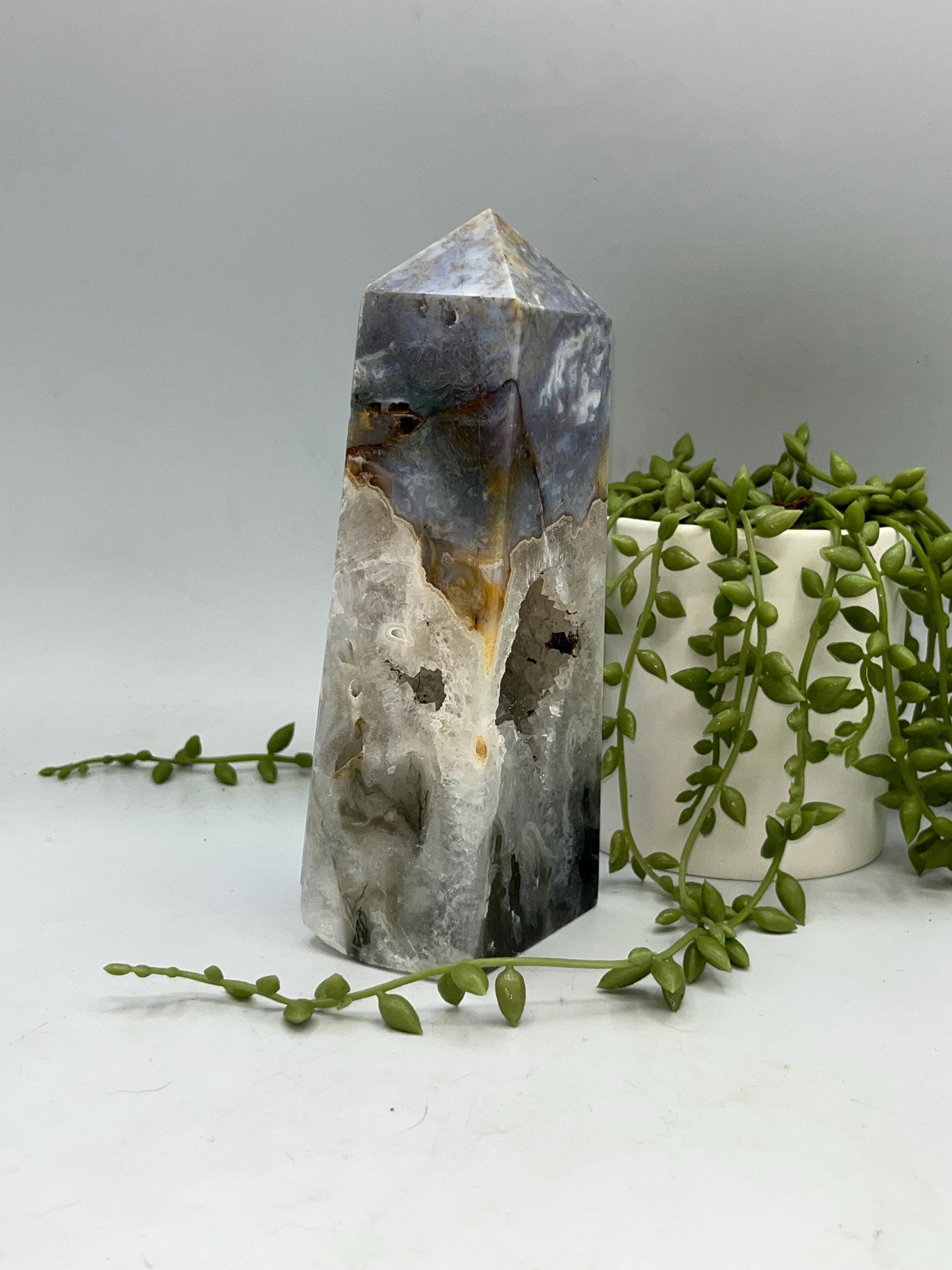 Gorgeous Druzy Moss Agate Tower, Quartz Included Moss Agate. Stone Of Mother Gaia. Mocha Stone. Chalcedony, Dendritic Manganese, Chrome/Iron