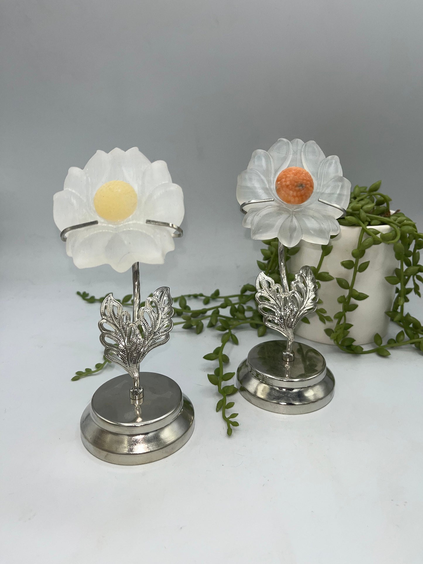 Selenite carved lotus flower on stand. Honey/Orange Calcite, meditation, satin spar, gypsum