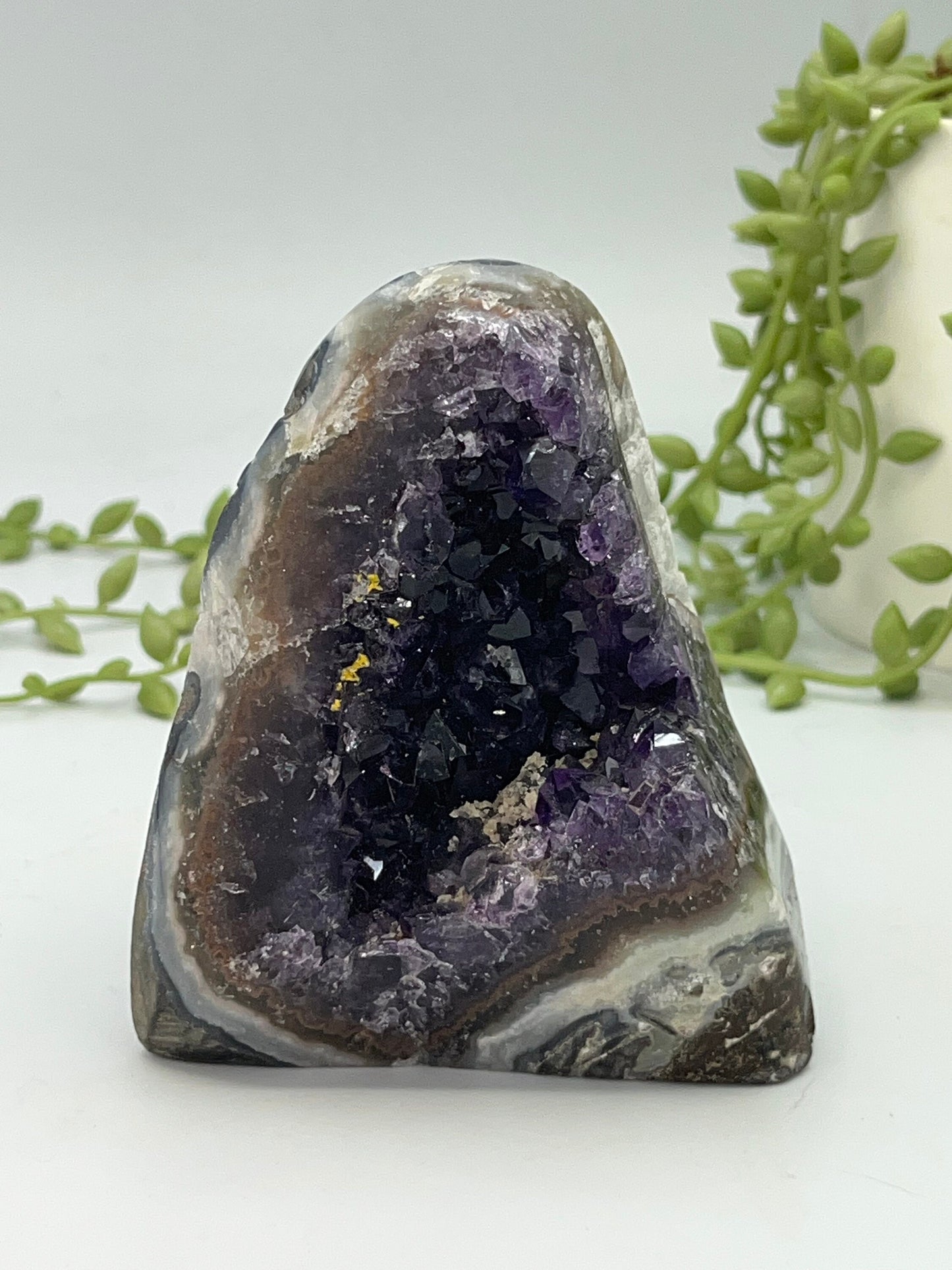 Very Special Purple Amethyst Free Form (I) sugar druzy cluster, Amethyst free form with Mexican Agate, Calcite & Goethite, Cathedral, Geode