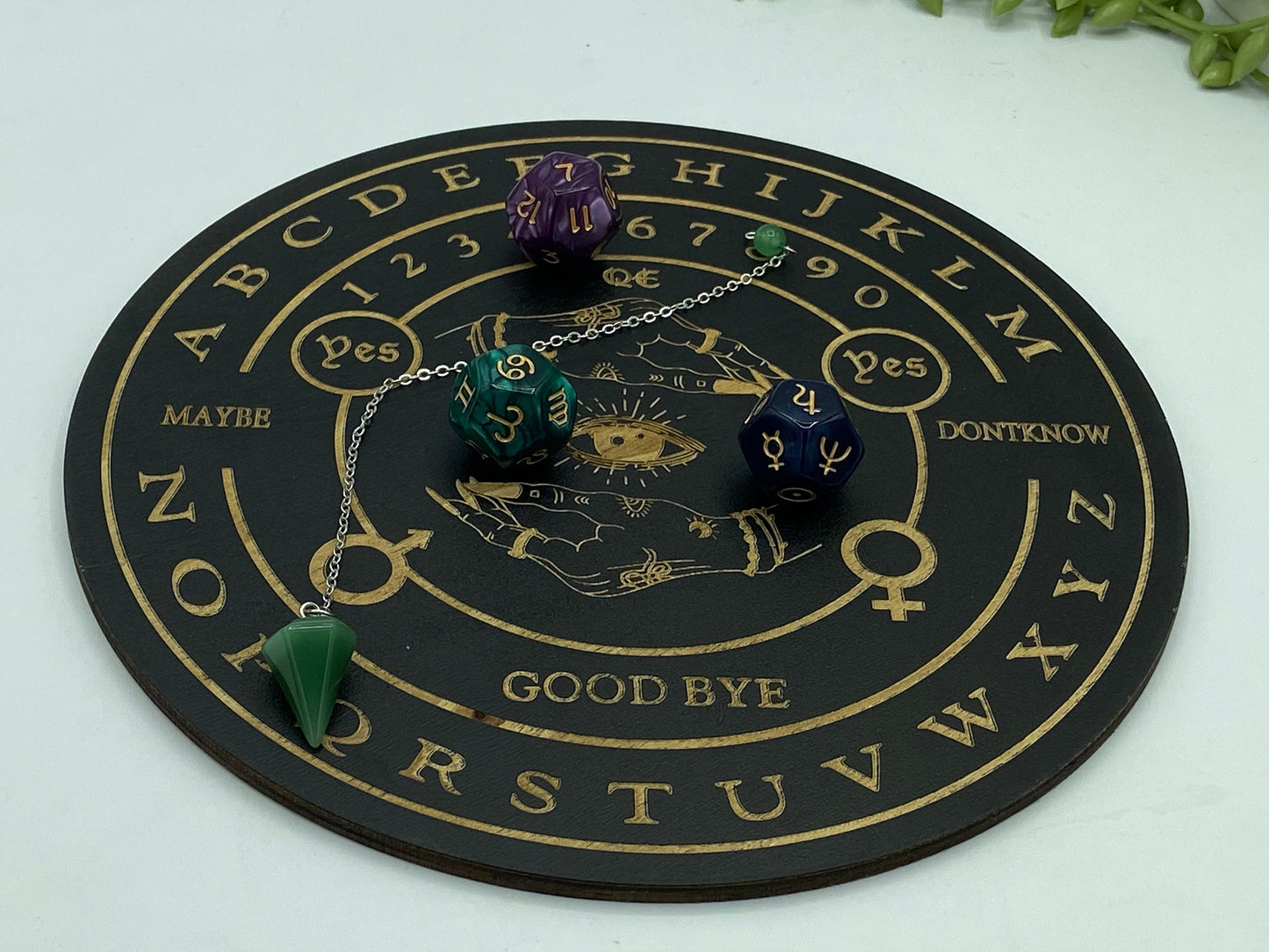 Wooden sprit/dowsing board featuring a carved evil eye surrounded by hands, pendulum board, scrying, divination reading, traditional ouija