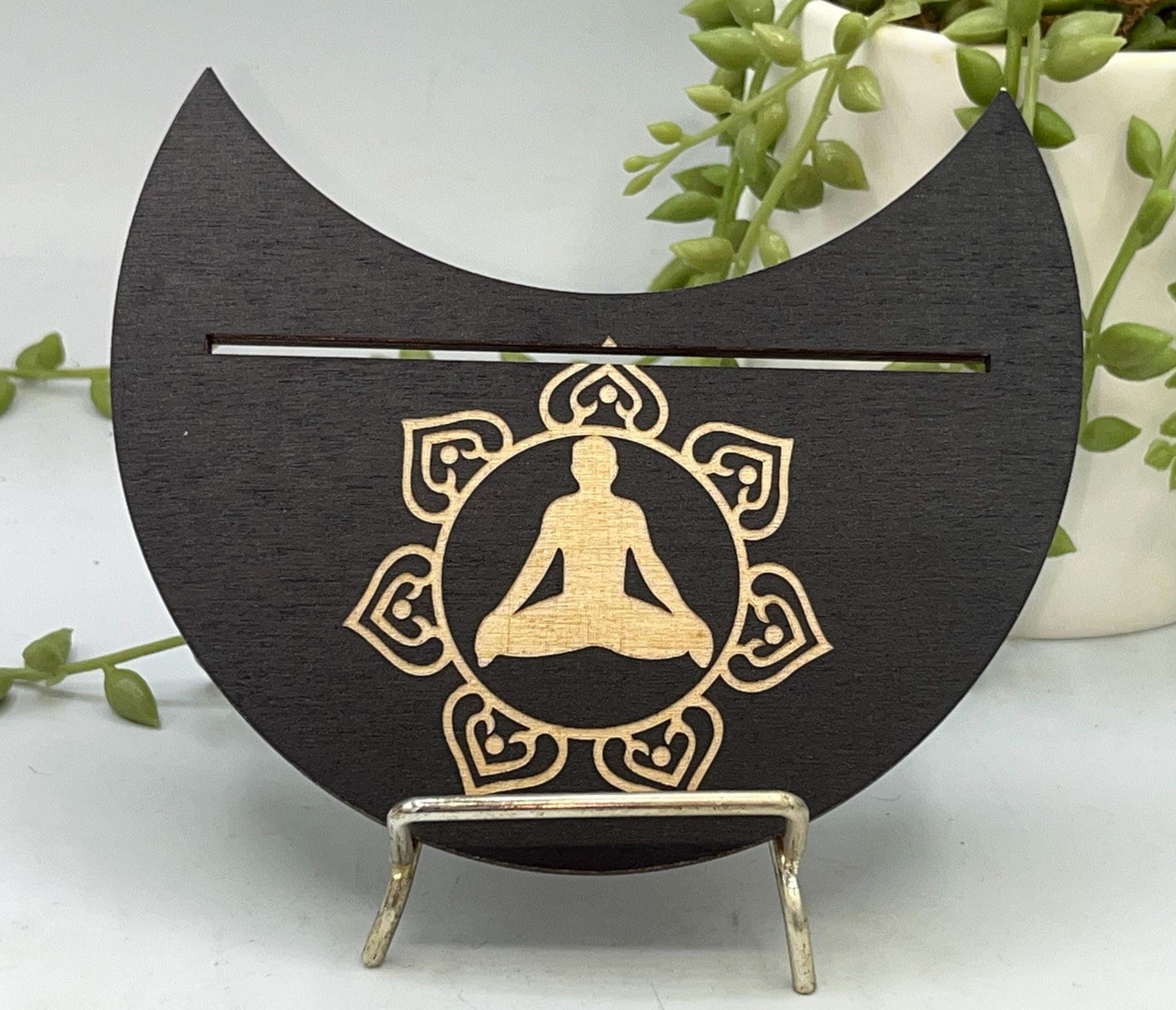 Tarot card of the day holder. Wooden moon shape with lotus flower and yoga silhouette tarot/oracle card holder, card of the day, altar