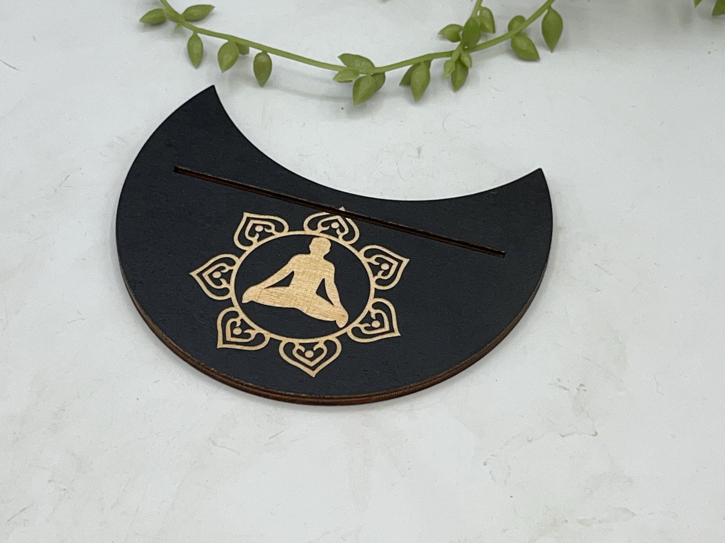 Tarot card of the day holder. Wooden moon shape with lotus flower and yoga silhouette tarot/oracle card holder, card of the day, altar