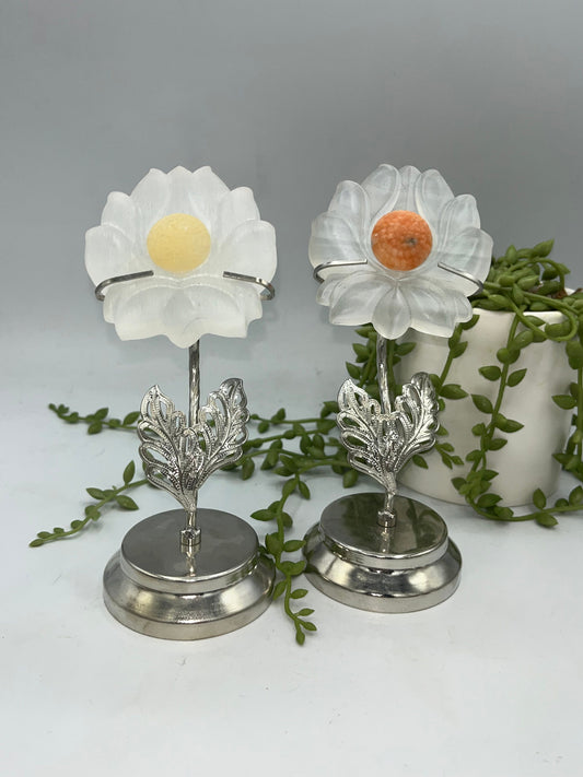 Selenite carved lotus flower on stand. Honey/Orange Calcite, meditation, satin spar, gypsum