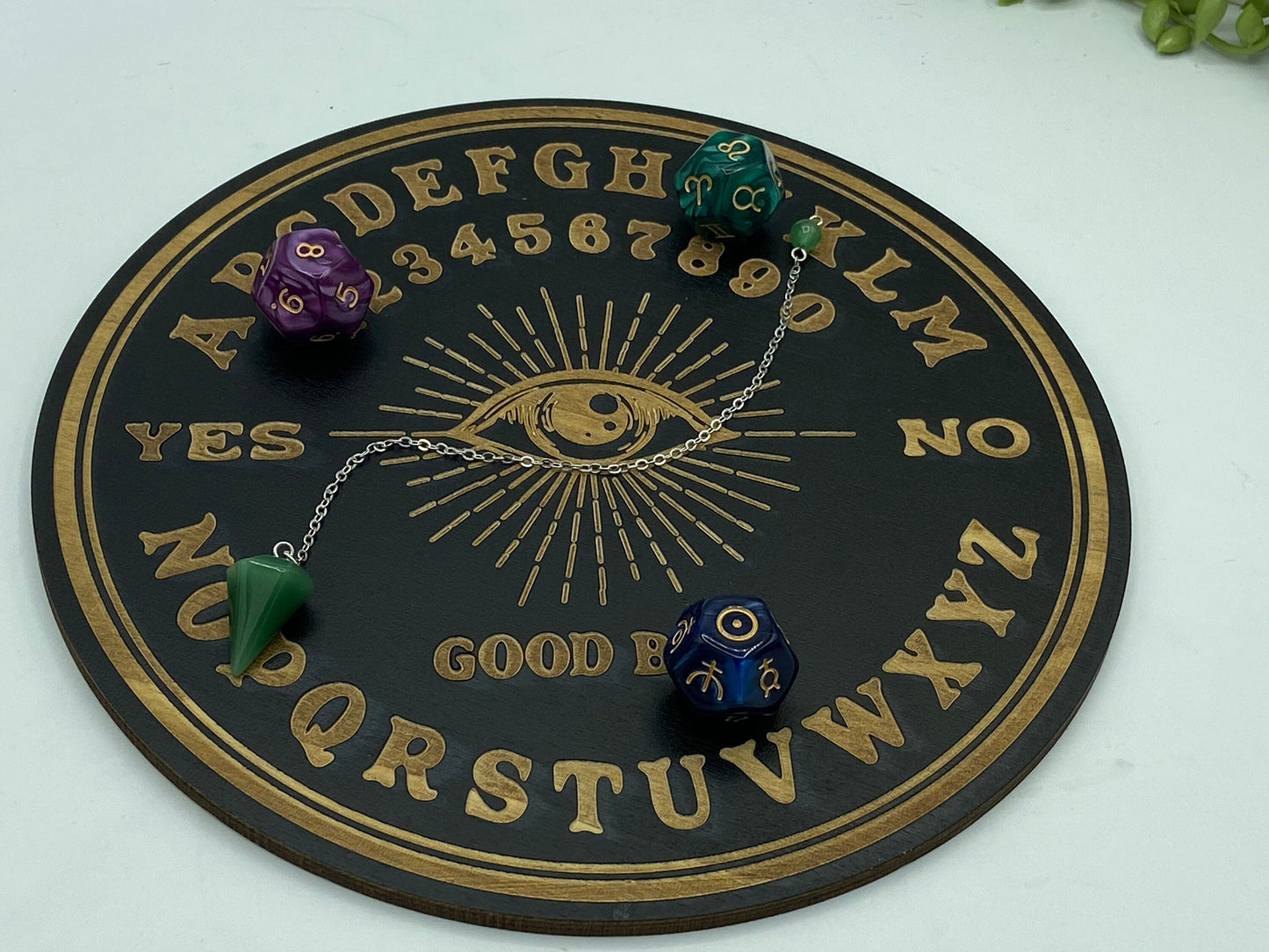 Wooden sprit/dowsing board featuring a carved evil eye simple board design, pendulum board, scrying, divination reading, traditional ouija