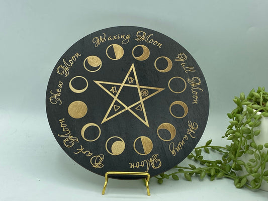 Wooden pentagram pattern sprit/dowsing board, pendulum board, scrying, divination reading, moon phase, 3mm engraved