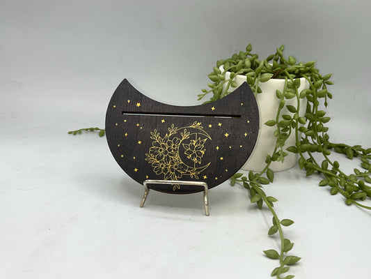 Tarot card of the day holder. Wooden crescent moon with flowers tarot/oracle card holder, card of the day, altar stand