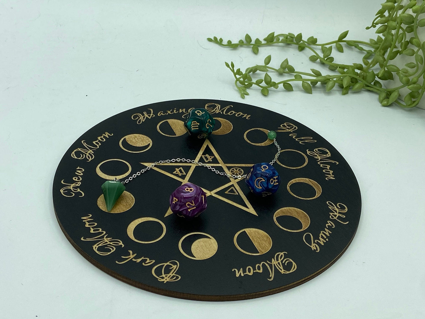 Wooden pentagram pattern sprit/dowsing board, pendulum board, scrying, divination reading, moon phase, 3mm engraved