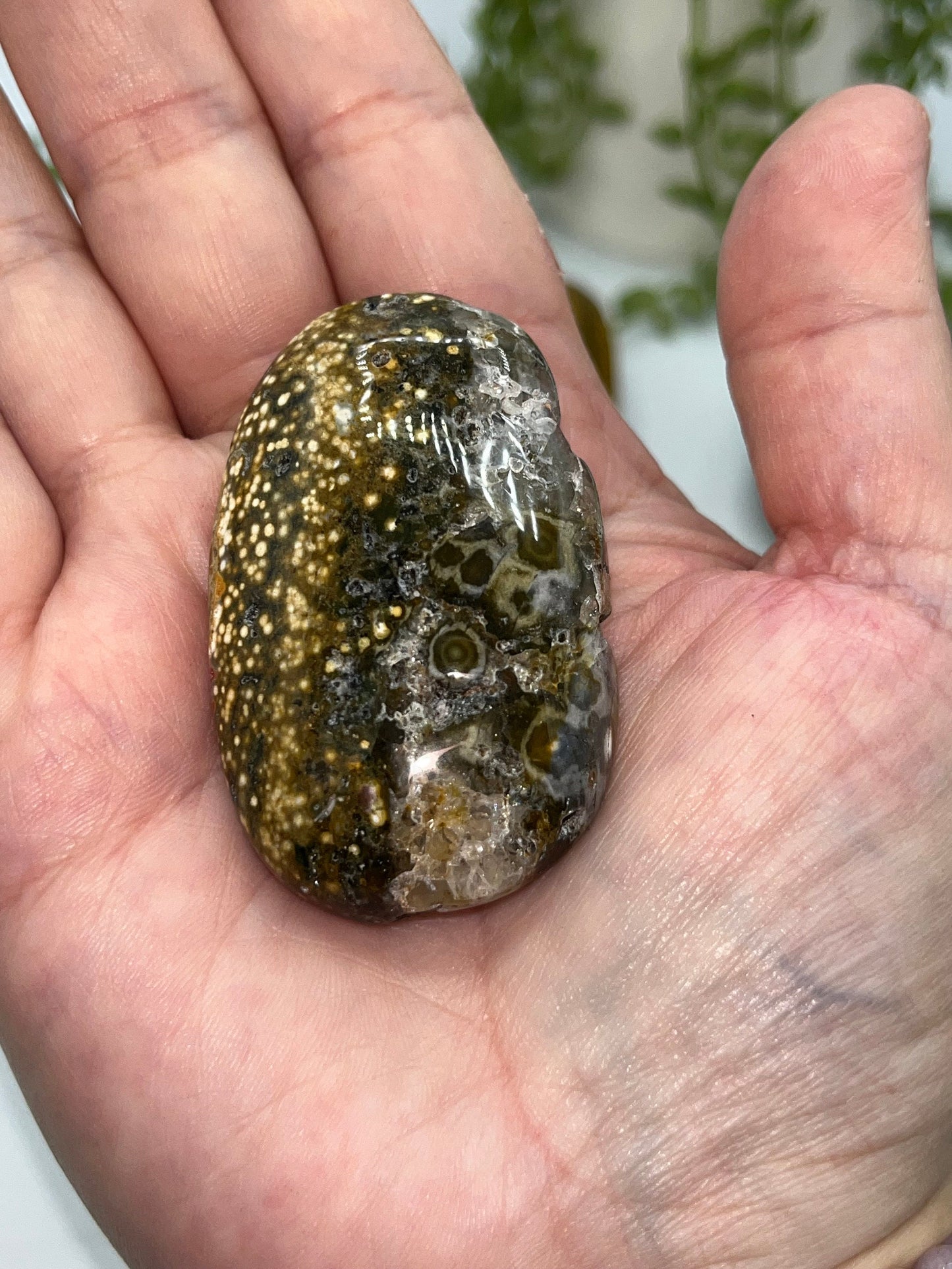 Stunning 8th Vein Jasper palm stones (selection B), Sea Jasper, Ocean Jasper, druzy crystals, quartz inclusions, orbicular jasper,