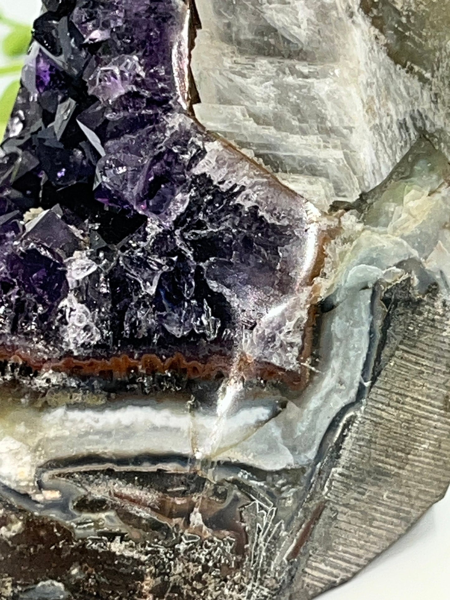 Very Special Purple Amethyst Free Form (I) sugar druzy cluster, Amethyst free form with Mexican Agate, Calcite & Goethite, Cathedral, Geode