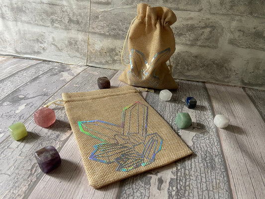 Crystal pattern crystal bag, Crystal storage, drawstring jute hessian bag, Reiki Crystal pouch, Crystal travel bag,