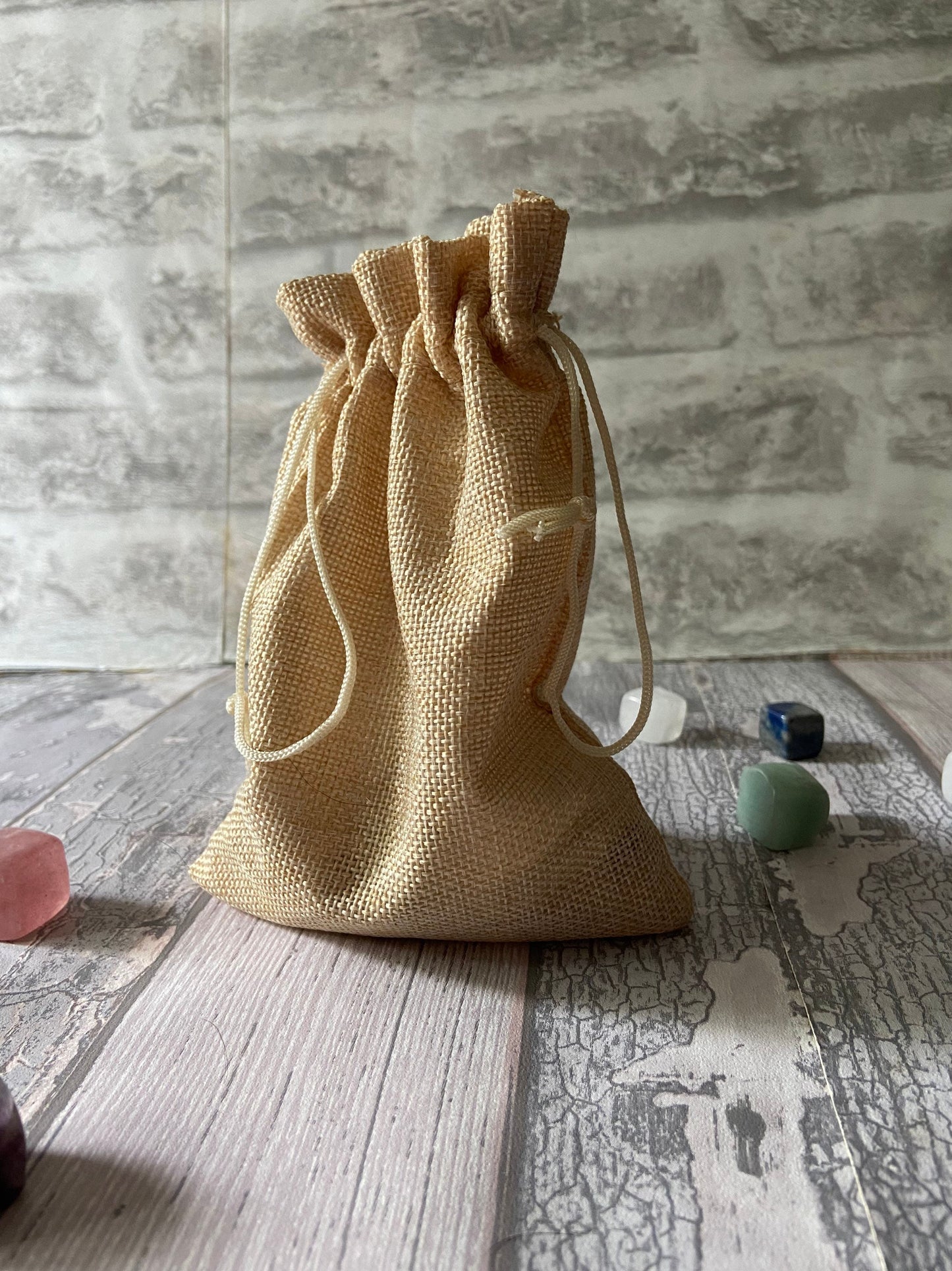 Crystal pattern crystal bag, Crystal storage, drawstring jute hessian bag, Reiki Crystal pouch, Crystal travel bag,