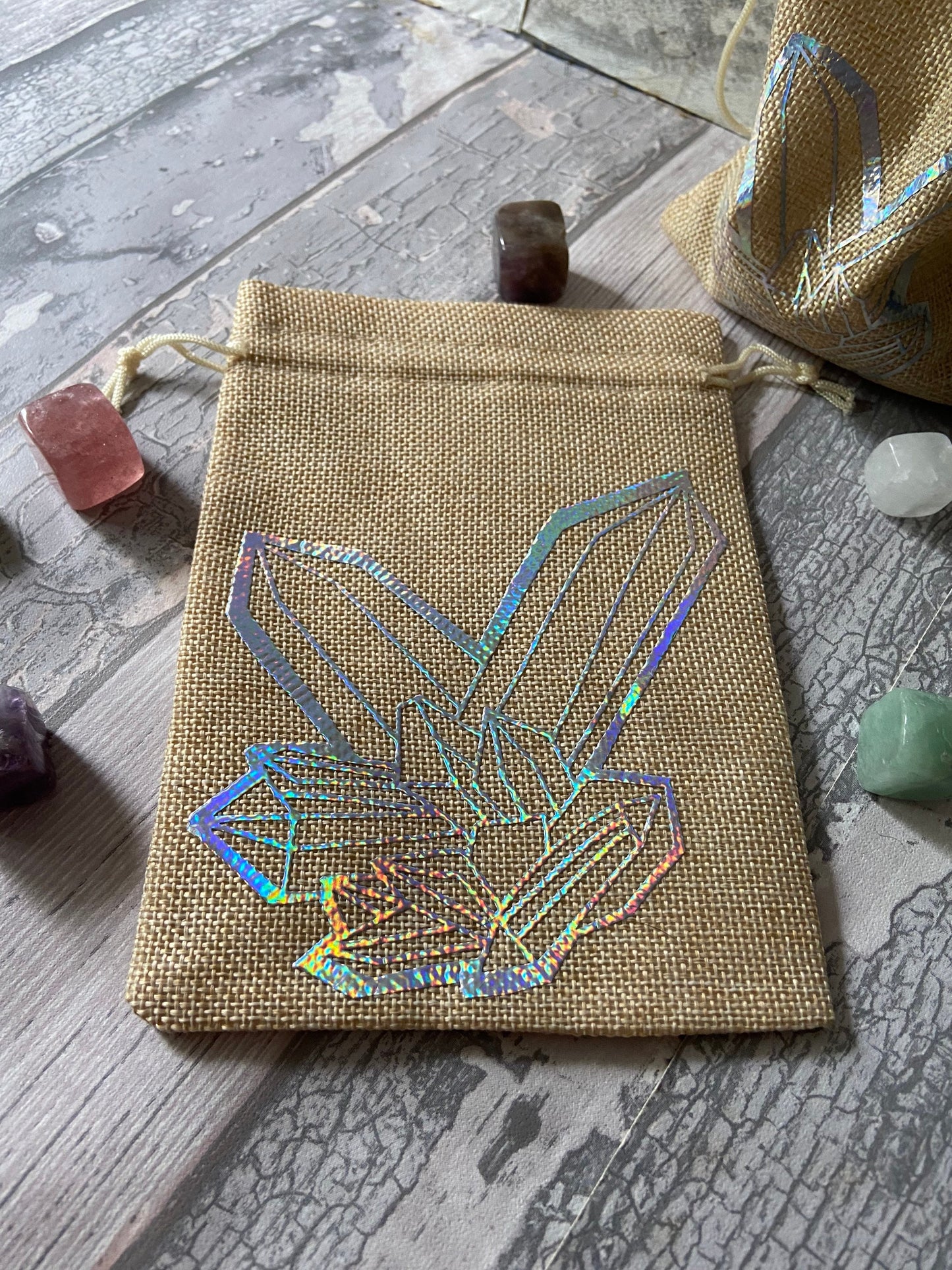 Crystal pattern crystal bag, Crystal storage, drawstring jute hessian bag, Reiki Crystal pouch, Crystal travel bag,