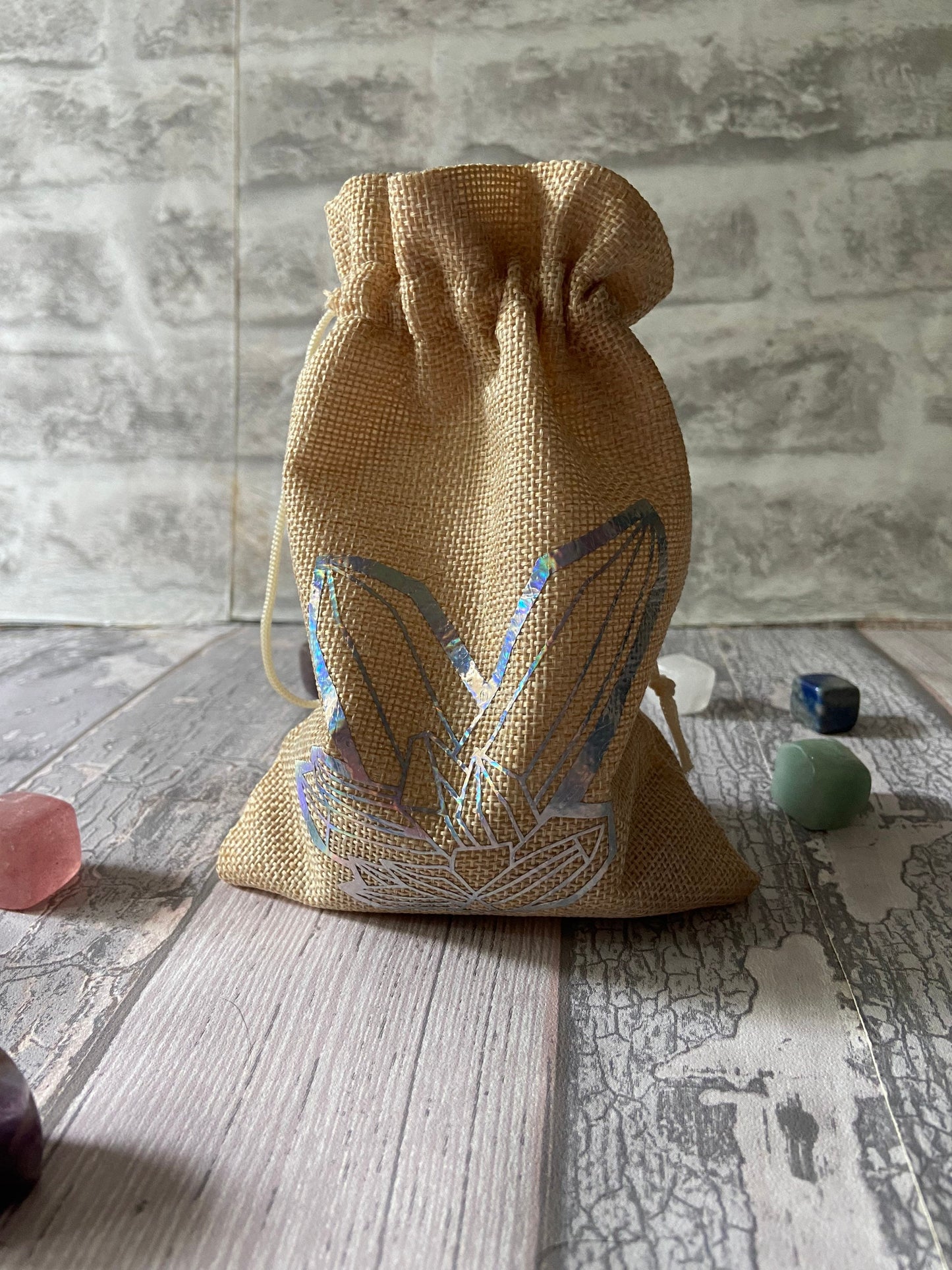 Crystal pattern crystal bag, Crystal storage, drawstring jute hessian bag, Reiki Crystal pouch, Crystal travel bag,