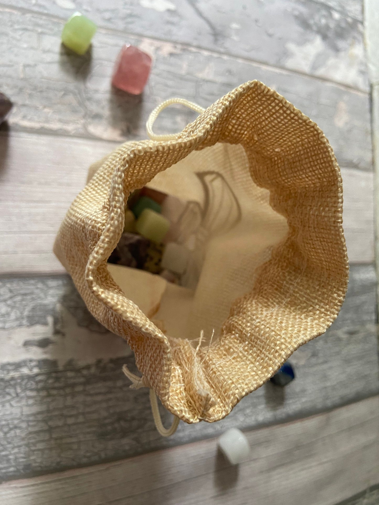 Crystal pattern crystal bag, Crystal storage, drawstring jute hessian bag, Reiki Crystal pouch, Crystal travel bag,