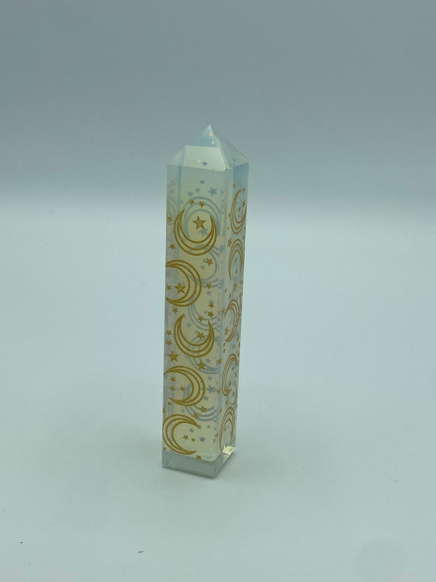 Moon pattern Opalite tower. Metaphysical, stress relieving, energy amplifier for fatigue. Helps with nightmares and breathing