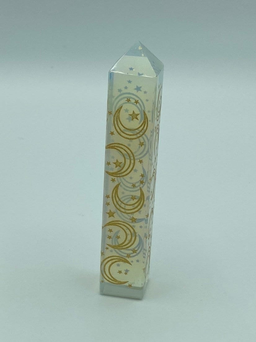 Moon pattern Opalite tower. Metaphysical, stress relieving, energy amplifier for fatigue. Helps with nightmares and breathing