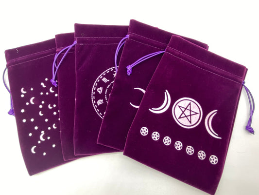 Purple drawstring bags for Tarot, oracle, bones, crystals and more, 18cmx12.5cm, pentagram, moon and stars, goddess, astrology, triple moon