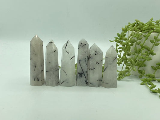 Natural Tourmaline Quartz Point Crystal, Tourmaline Quartz Tower, Black tourmaline inclusions in quartz point,