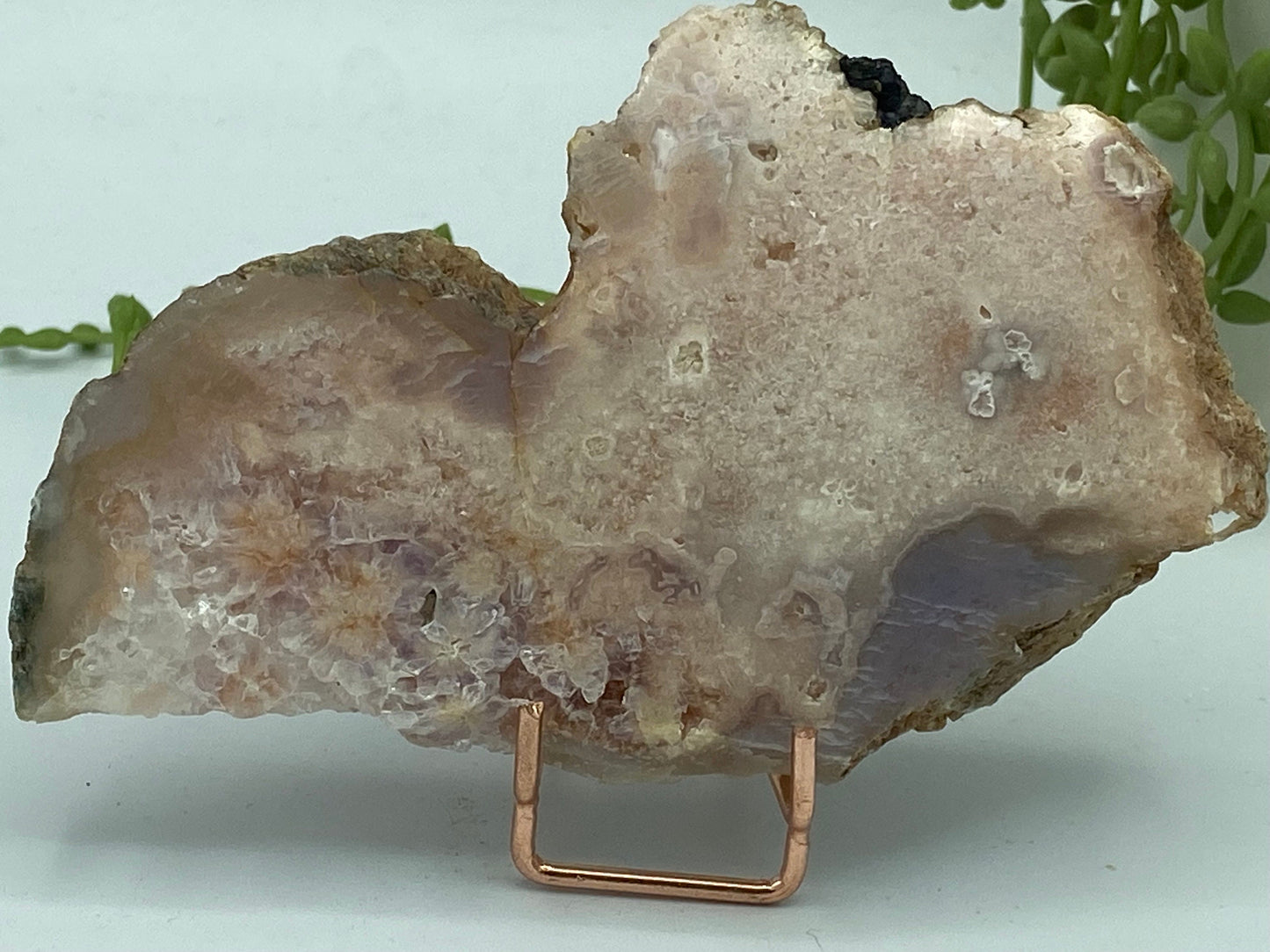 Pink amethyst with flower agate slab (L) druzy slice specimen