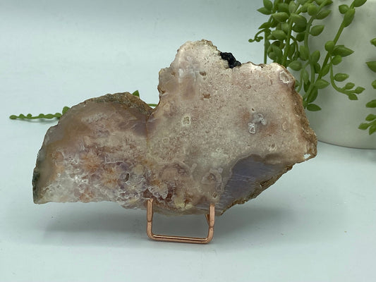 Pink amethyst with flower agate slab (L) druzy slice specimen