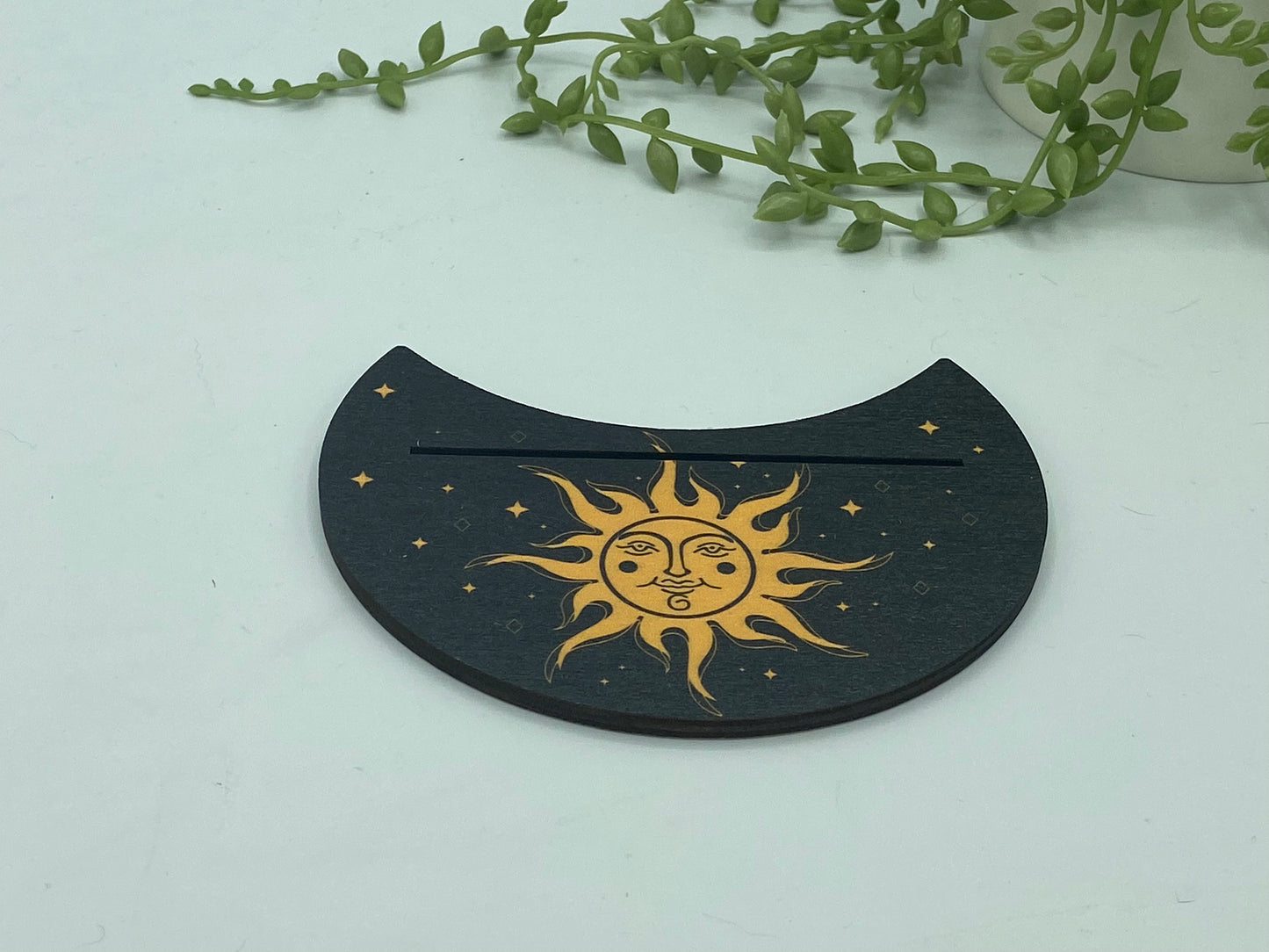 Tarot card of the day holder. Wooden moon with a sun pattern tarot/oracle card holder, card of the day, altar stand