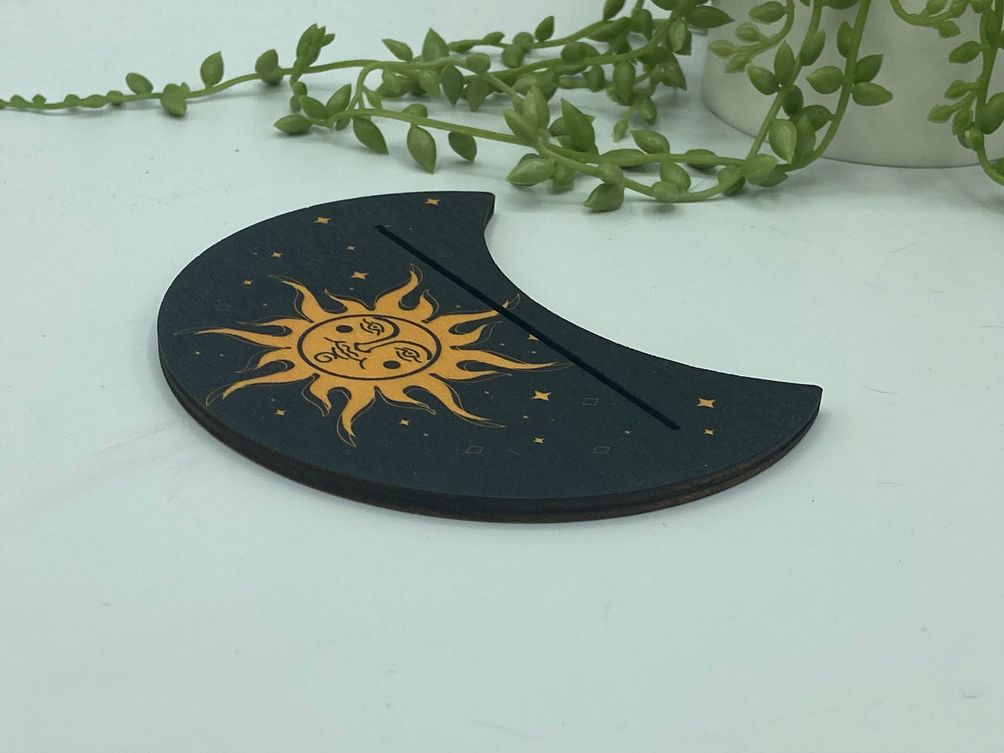 Tarot card of the day holder. Wooden moon with a sun pattern tarot/oracle card holder, card of the day, altar stand