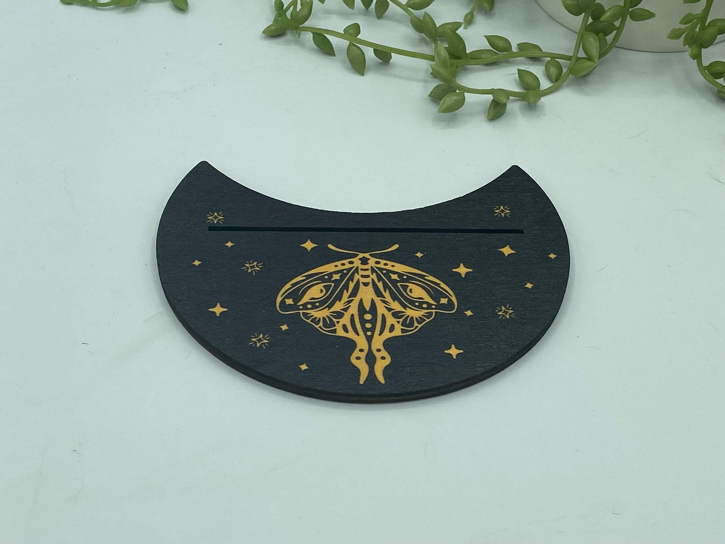 Tarot card of the day holder. Wooden moon with a Moth pattern tarot/oracle card holder, card of the day, altar stand