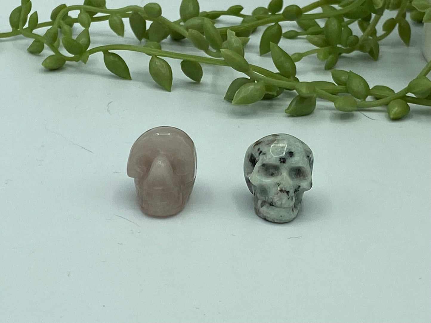 Mini crystal skulls, rose quartz or kiwi Jasper available. Gemstone skull