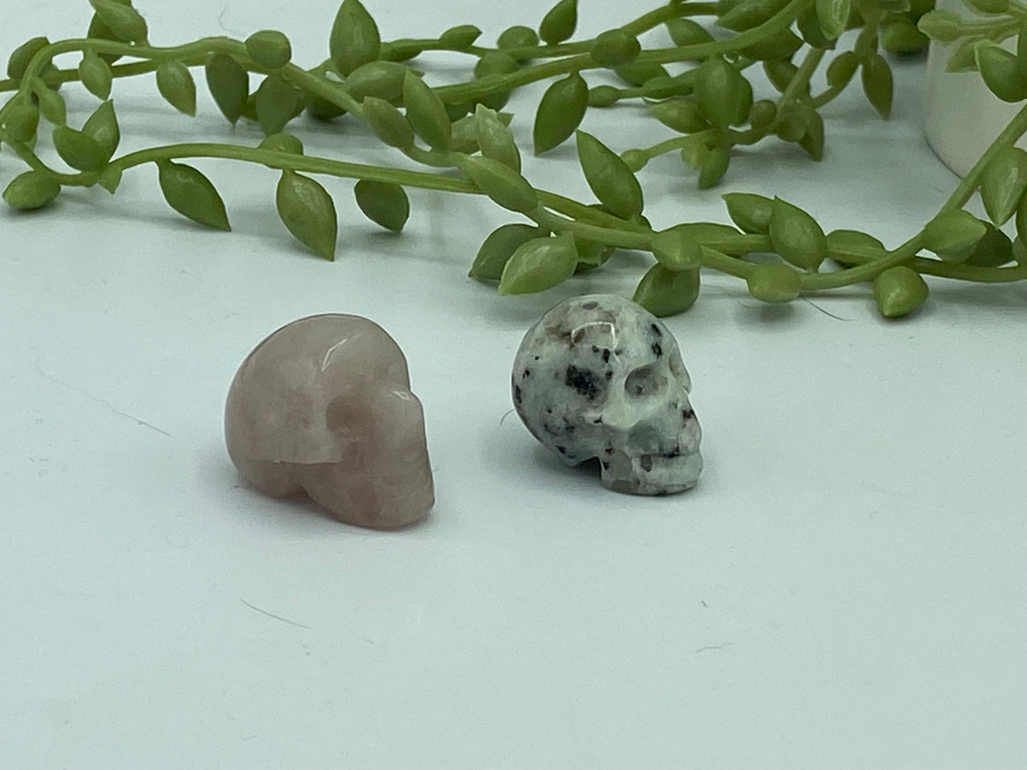 Mini crystal skulls, rose quartz or kiwi Jasper available. Gemstone skull