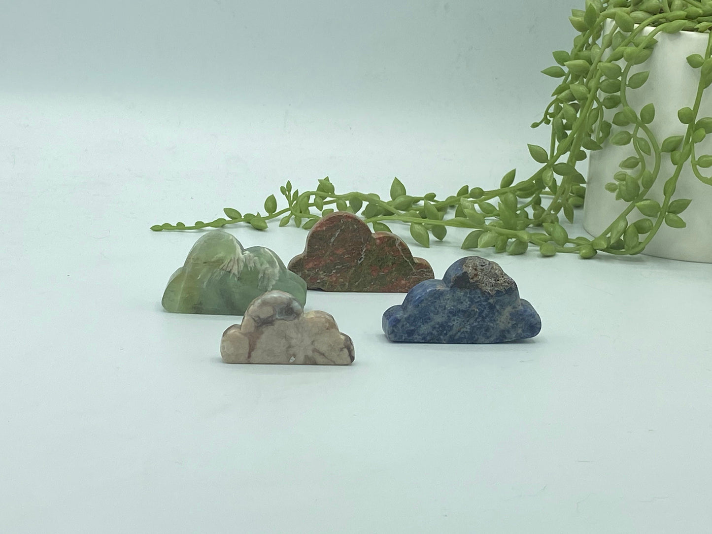 Crystal Cloud Carvings Polished Raw Gem Stones, feather fluorite, sodalite, unakite, flower agate