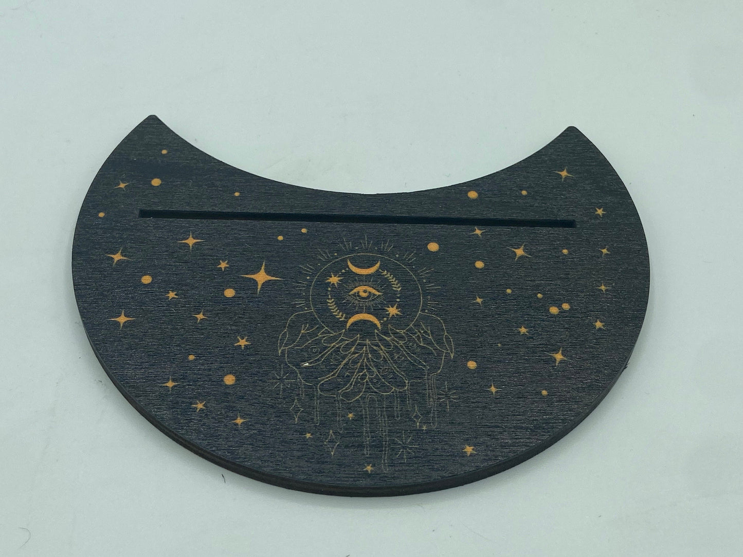 Tarot card of the day holder. Wooden moon with crystal ball and moon pattern tarot/oracle card holder, card of the day, altar stand