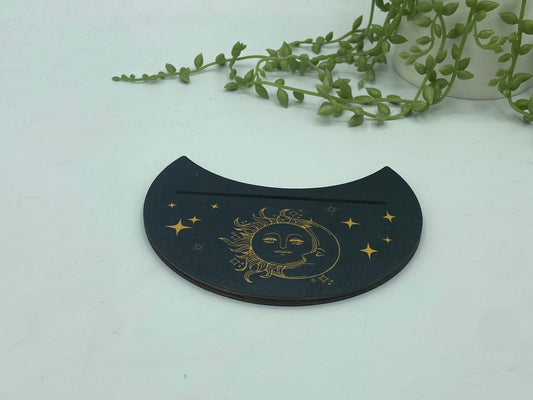 Tarot card of the day holder. Wooden moon with a sun and moon pattern tarot/oracle card holder, card of the day, altar stand