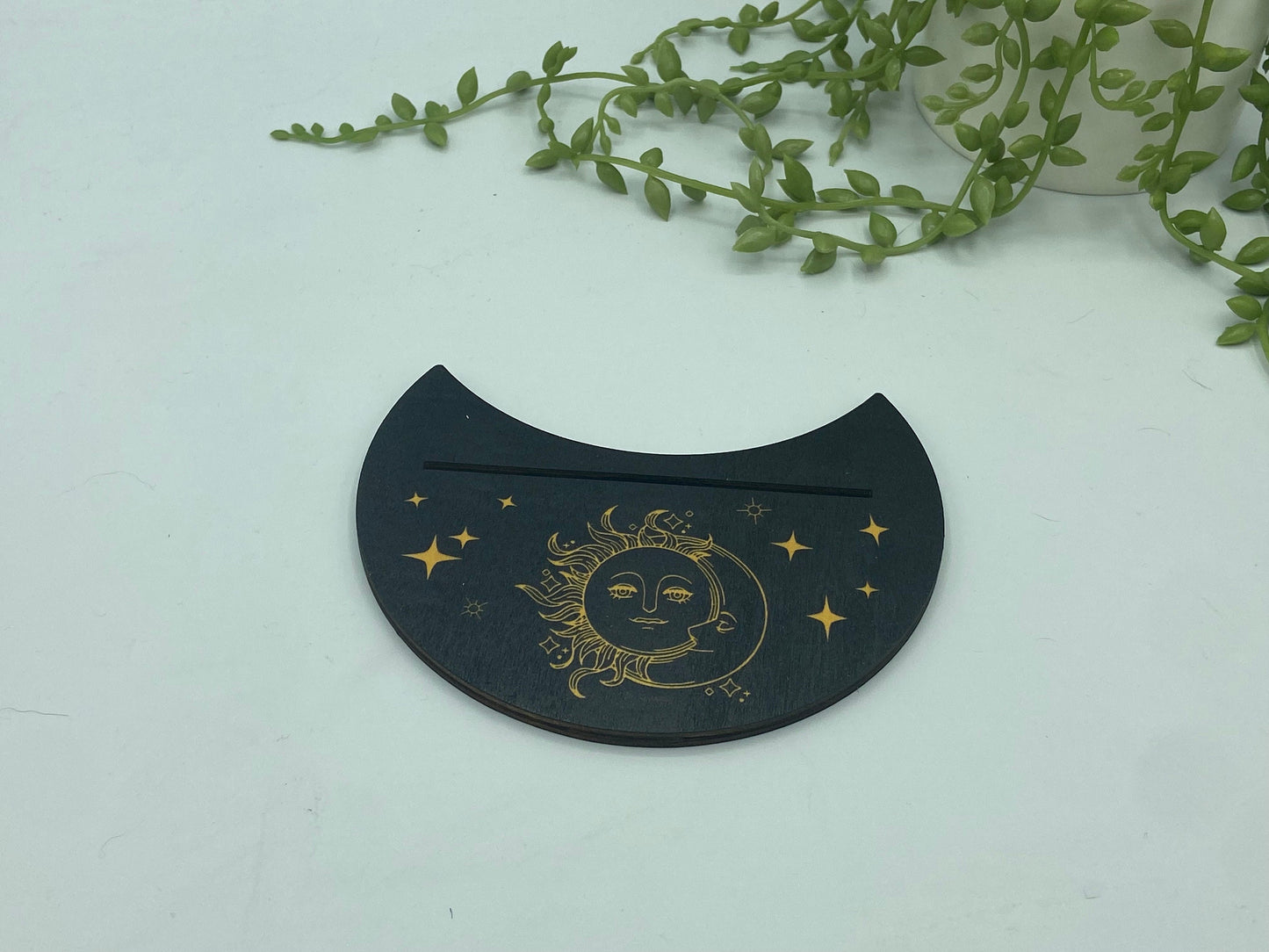 Tarot card of the day holder. Wooden moon with a sun and moon pattern tarot/oracle card holder, card of the day, altar stand