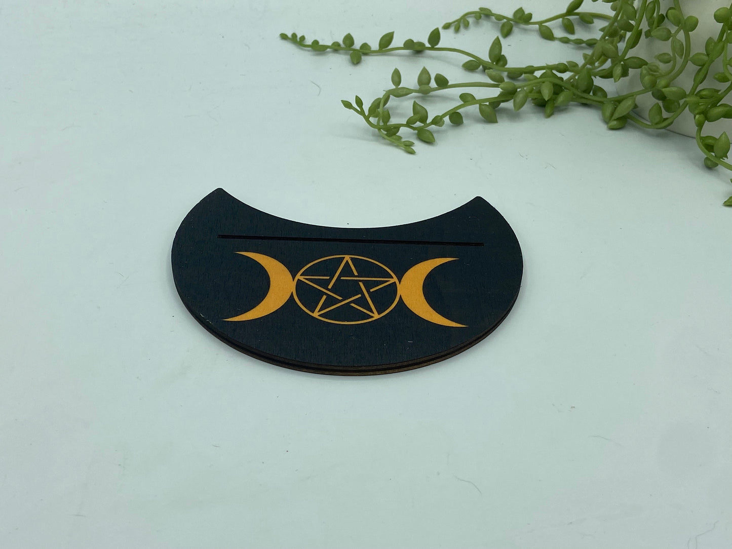 Tarot card of the day holder. Wooden triple moon and pentagram tarot/oracle card holder, card of the day, altar stand