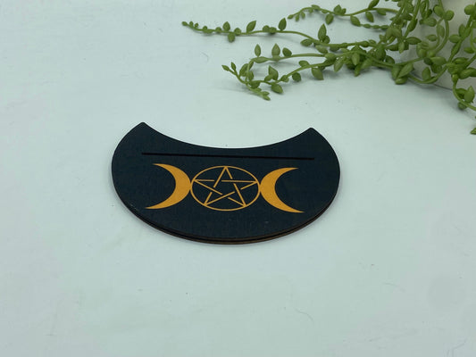 Tarot card of the day holder. Wooden triple moon and pentagram tarot/oracle card holder, card of the day, altar stand