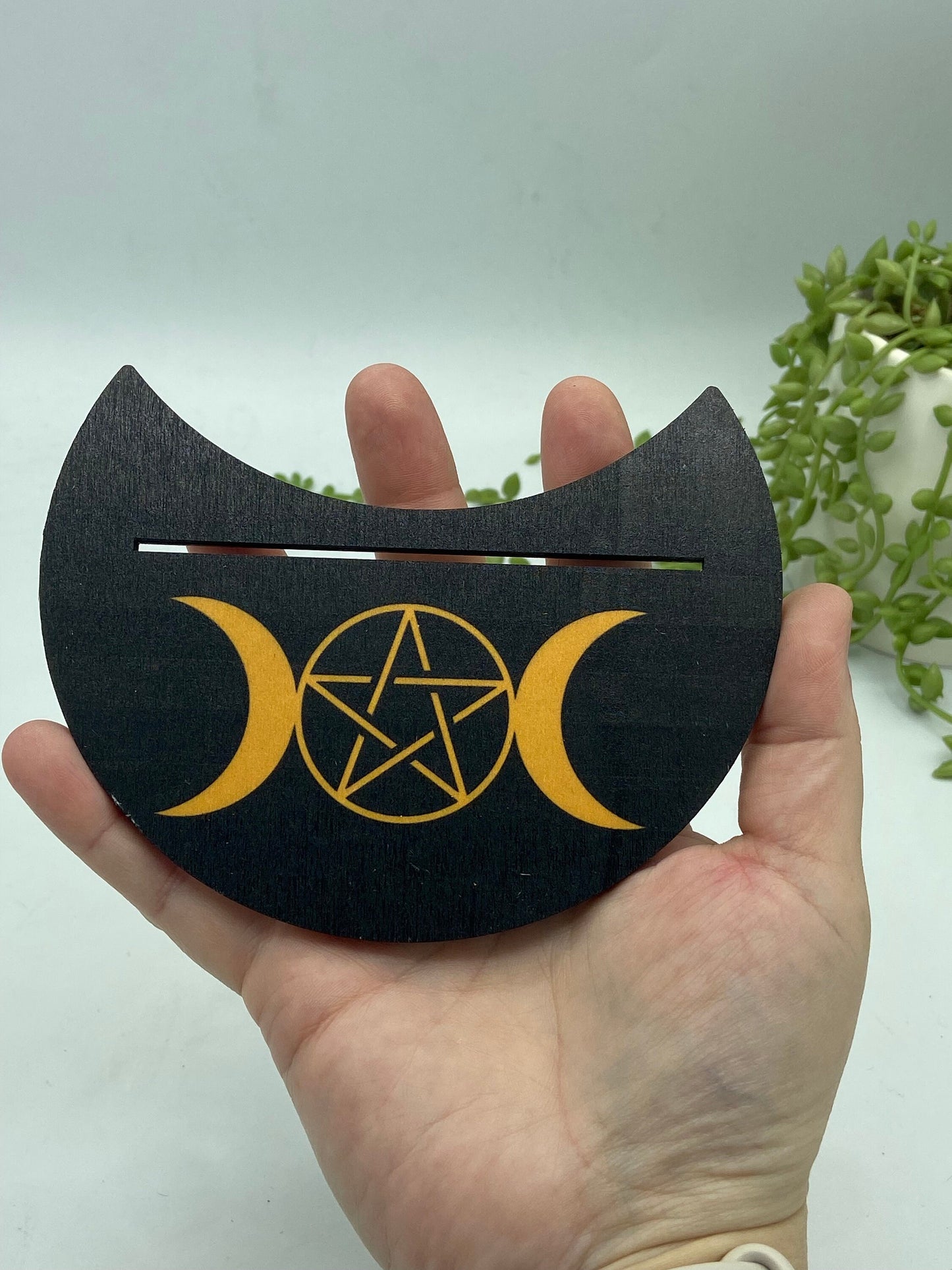 Tarot card of the day holder. Wooden triple moon and pentagram tarot/oracle card holder, card of the day, altar stand