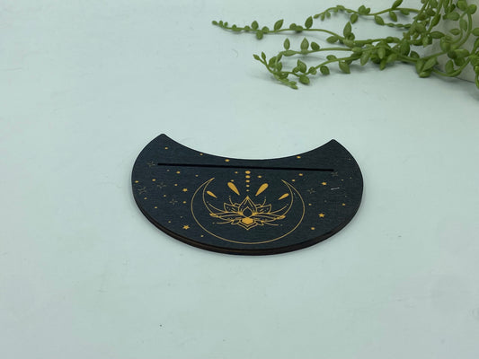 Tarot card of the day holder. Wooden crescent moon with lotus flowers tarot/oracle card holder, card of the day, altar stand