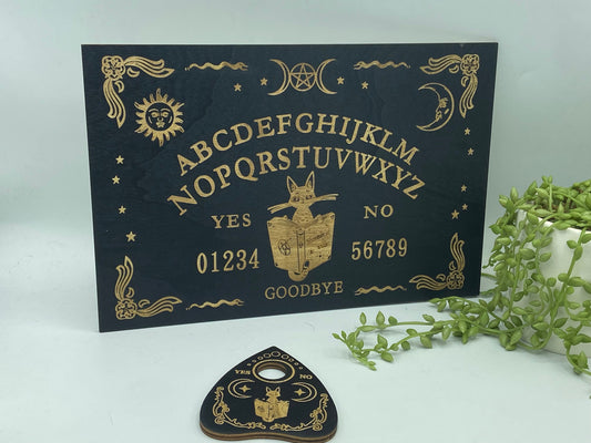 Wooden Ouija board with planchette, cat and book, familiar, divination, dowsing, Altar Board,Spirit Board,Occult Practice,Pendulum Board