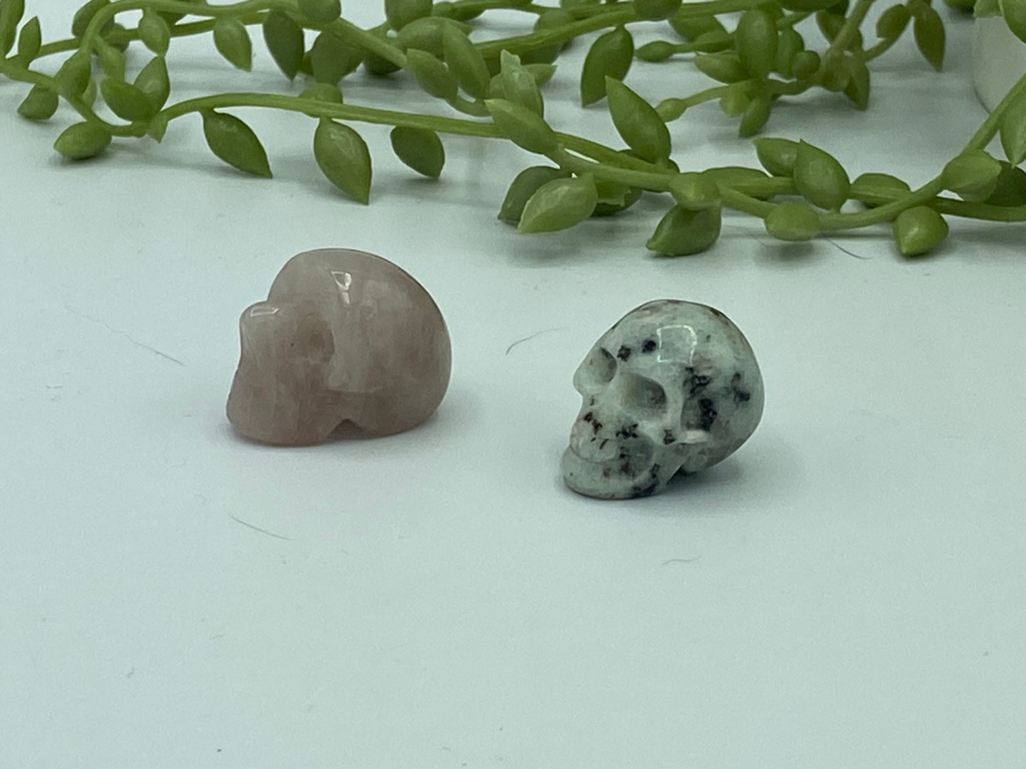 Mini crystal skulls, rose quartz or kiwi Jasper available. Gemstone skull