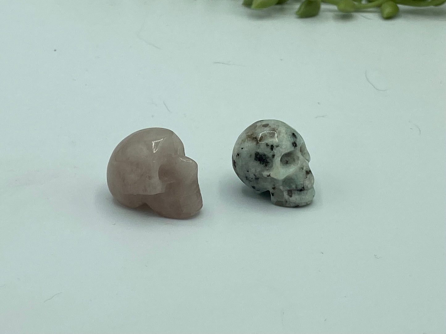 Mini crystal skulls, rose quartz or kiwi Jasper available. Gemstone skull