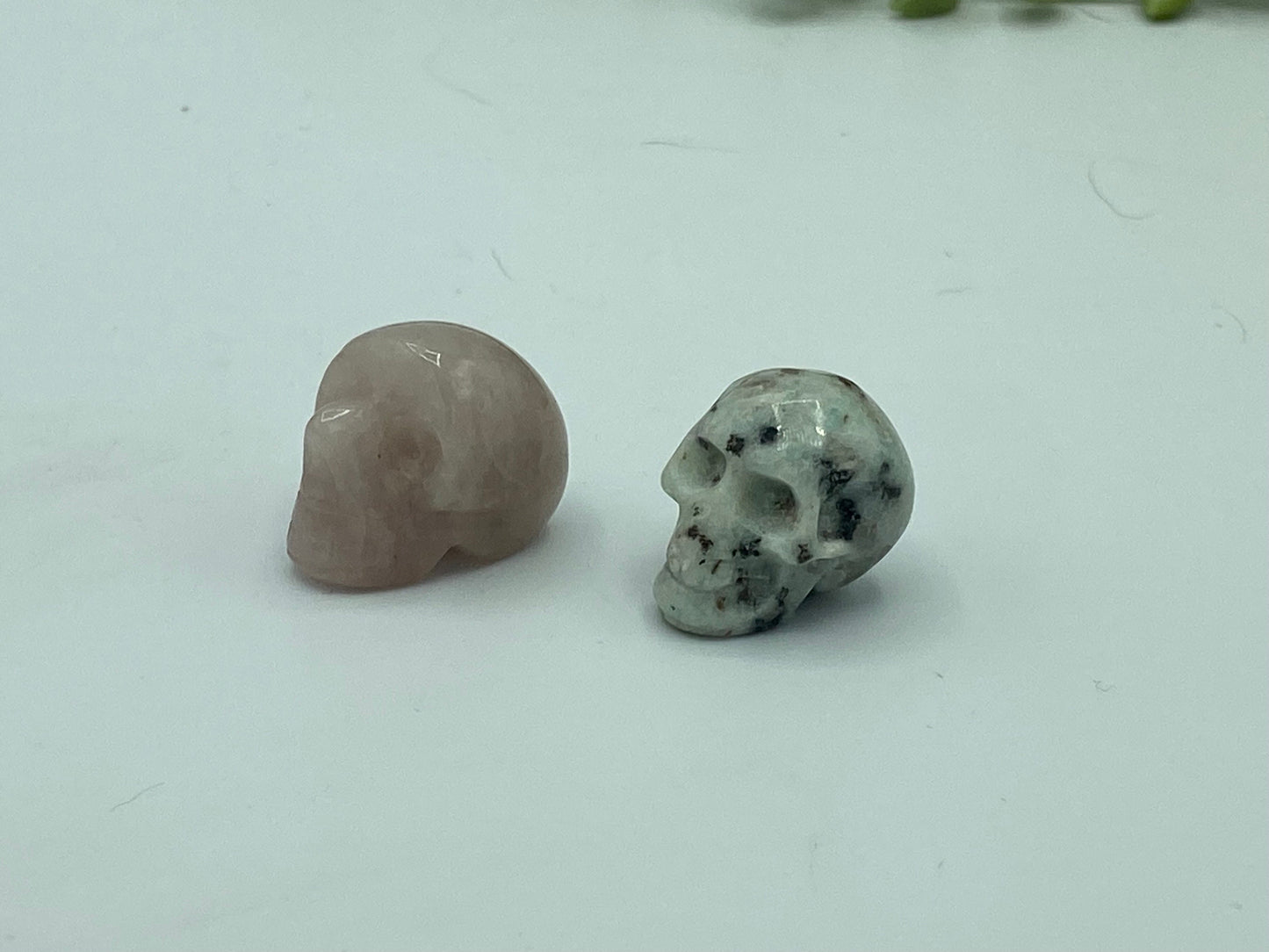 Mini crystal skulls, rose quartz or kiwi Jasper available. Gemstone skull