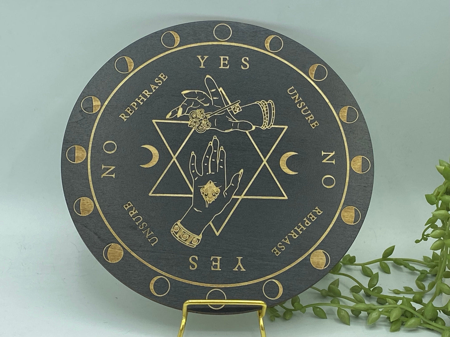 Wooden hexagram/pentagram pattern with hands and a key, sprit/dowsing board, pendulum board, scrying, divination reading, moon phase.