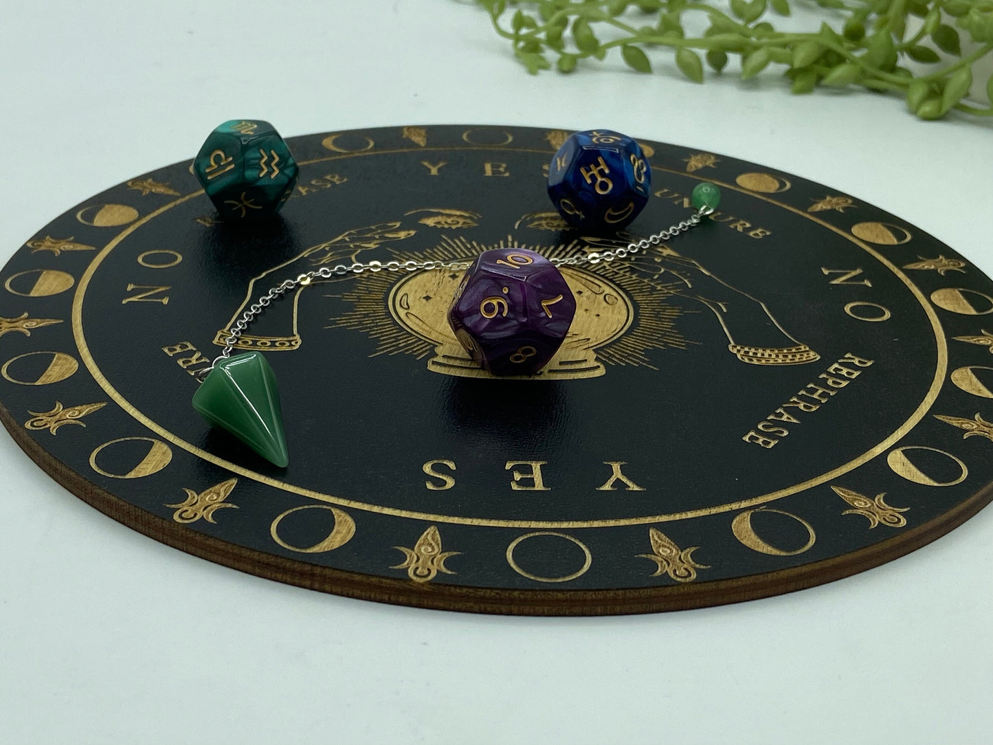 Wooden sprit/dowsing board featuring a crystal ball and a Crystal cluster, moon, Mother Earth, pendulum board, scrying, divination reading,